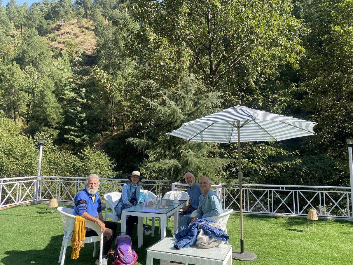 Guests lunching on the terrace lawn