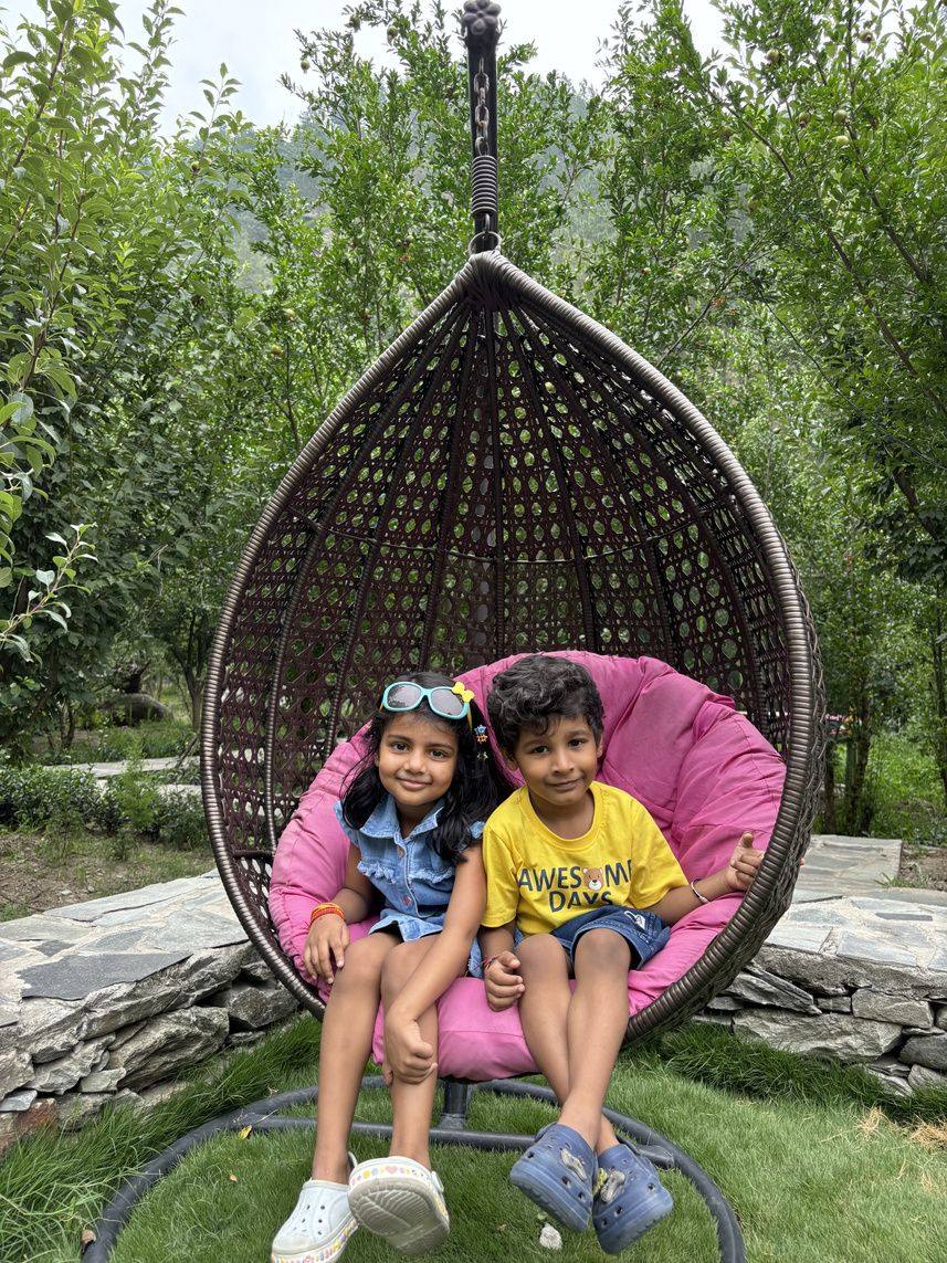 Kids in a hanging egg swing
